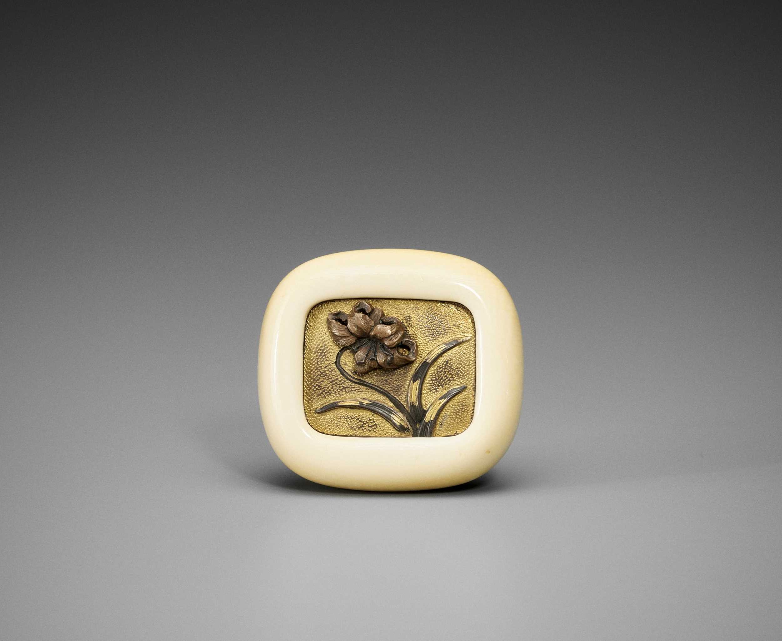 Lot 292 - A FINE IVORY AND METAL KAGAMIBUTA WITH A LILY