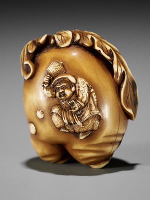 Lot 101 - MITSUSADA: A FINE IVORY NETSUKE OF A DAIKON (FORKED RADISH) WITH DAIKOKU