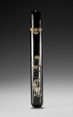A FINE METAL-APPLIED BLACK LACQUER KISERUZUTSU WITH HORSE AND CHERRY TREE