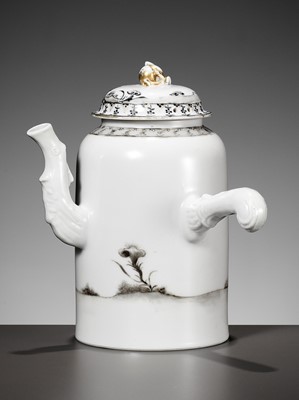 Lot 426 - A GRISAILLE-DECORATED CHOCOLATE POT AND COVER, 18TH CENTURY