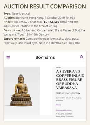 Lot 169 - A SILVER AND COPPER-INLAID GILT BRASS FIGURE OF BUDDHA VAJRASANA, TIBET, 15TH – 16TH CENTURY