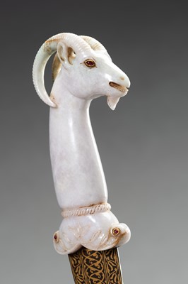 Lot 1277 - A MUGHAL KHANJAR WITH ‘IBEX’ JADEITE HANDLE