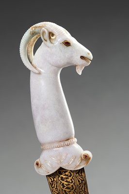 Lot 1277 - A MUGHAL KHANJAR WITH ‘IBEX’ JADEITE HANDLE