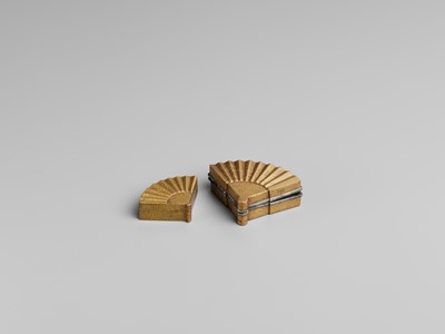 Lot 108 - TWO GOLD LACQUER FAN-SHAPED MINIATURE BOXES AND COVERS