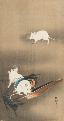 Lot 1090 - OHARA KOSON: A COLOR WOODBLOCK PRINT OF THREE WHITE MICE WITH FEATHER