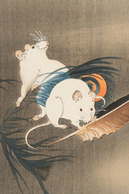Lot 1090 - OHARA KOSON: A COLOR WOODBLOCK PRINT OF THREE WHITE MICE WITH FEATHER
