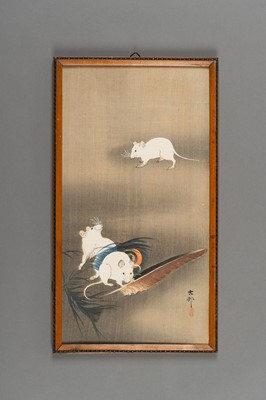 Lot 1090 - OHARA KOSON: A COLOR WOODBLOCK PRINT OF THREE WHITE MICE WITH FEATHER