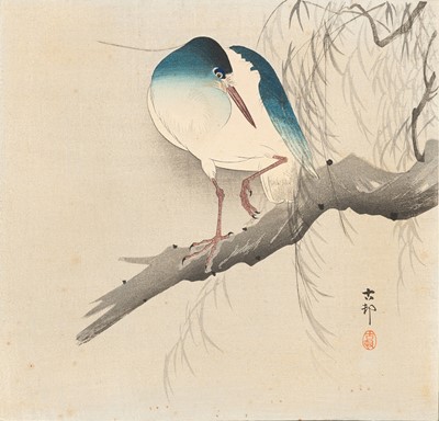 Lot 1093 - OHARA KOSON: A COLOR WOODBLOCK PRINT OF A NIGHT HERON ON WILLOW BRANCH