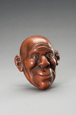 Lot 401 - A LACQUERED WOOD MASK OF A SMILING MAN, MEIJI PERIOD