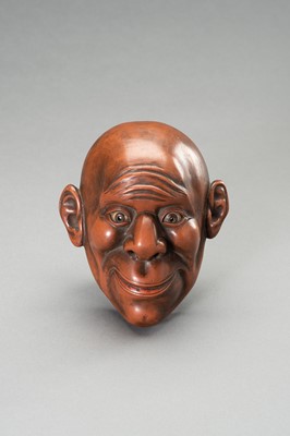 Lot 401 - A LACQUERED WOOD MASK OF A SMILING MAN, MEIJI PERIOD