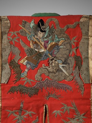 Lot 40 - A JINBAORI (ARMOR SURCOAT) DEPICTING KATO KIYOMASA SLAYING A TIGER