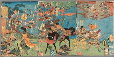 Lot 382 - YOSHITORA: TRIPTYCH OF THE BATTLE AT FUJISHIRAKAWA, 1856