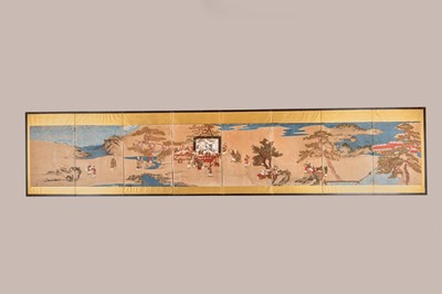 Lot 297 - A LARGE EIGHT-PANEL SCREEN DEPICTING HOTEI AND SCHOLARS, LATE EDO