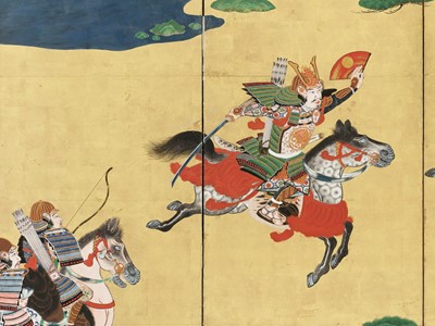 HOGEN KIJOKUNI: A SIX-PANEL BYOBU SCREEN DEPICTING A SCENE FROM THE BATTLE OF ICHINOTANI