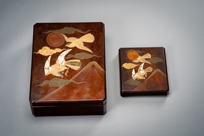 Lot 194 - A LARGE LACQUER FUBAKO AND A SUZURIBAKO WITH BIRDS, TAISHO