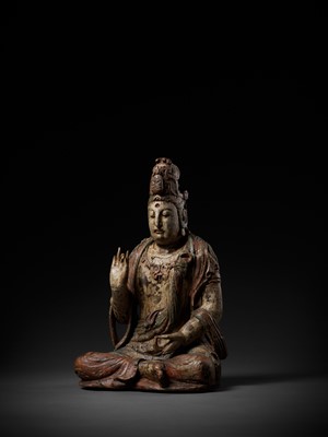 Lot 95 - A POLYCHROME-PAINTED WOOD FIGURE OF GUANYIN, MING DYNASTY