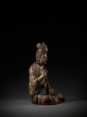 Lot 95 - A POLYCHROME-PAINTED WOOD FIGURE OF GUANYIN, MING DYNASTY