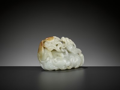 Lot 48 - A CELADON AND RUSSET JADE ‘QILIN AND CRANES’ GROUP, 18TH CENTURY
