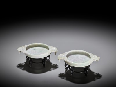 Lot 58 - A PAIR OF RARE MUGHAL-STYLE JADEITE MARRIAGE BOWLS, LATE QING DYNASTY