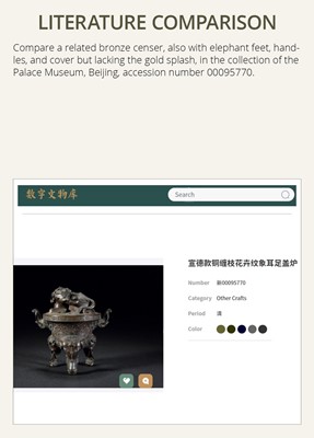Lot 148 - A LARGE GOLD-SPLASHED BRONZE ‘ELEPHANT’ TRIPOD CENSER AND COVER, QING DYNASTY