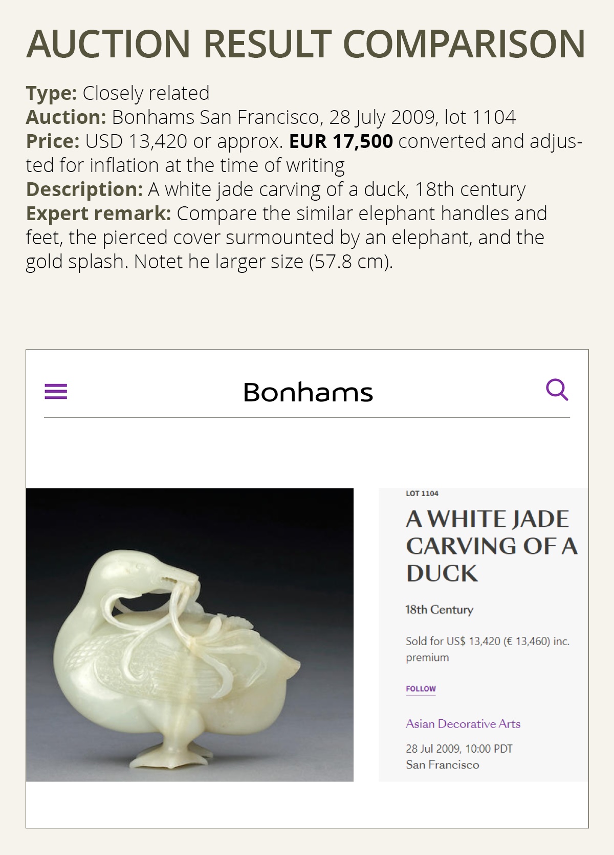 Lot 342 - A PALE CELADON JADE FIGURE OF A DUCK, 18TH