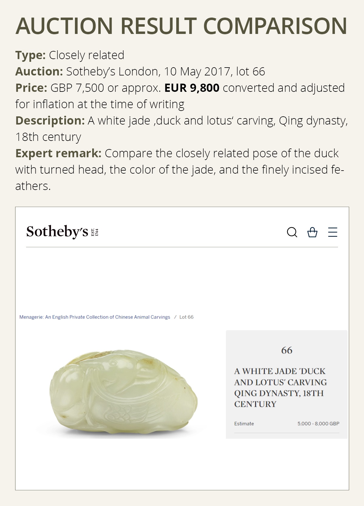 Lot 342 - A PALE CELADON JADE FIGURE OF A DUCK, 18TH