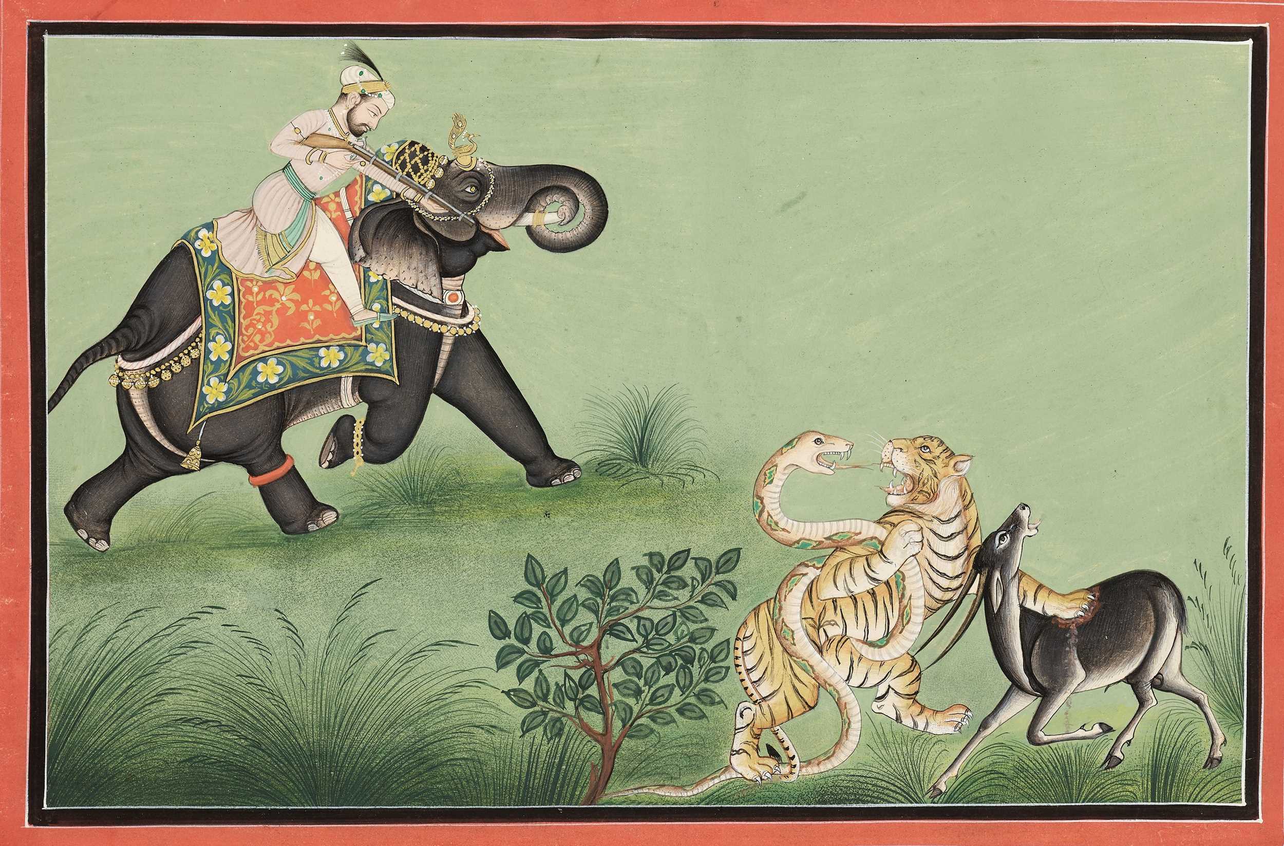 Lot 719 - AN INDIAN MINIATURE PAINTING OF MAHARAO RAM SINGH II OF KOTAH (REG. 1827-1866) HUNTING A TIGER