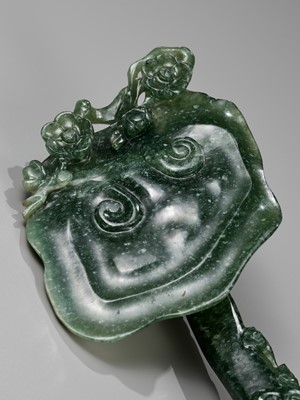 Lot 356 - A SPINACH-GREEN JADEITE ‘LINGZHI AND THREE FRIENDS OF WINTER’ RUYI SCEPTER, 19TH CENTURY