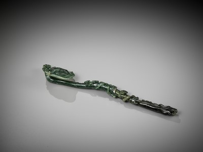 Lot 356 - A SPINACH-GREEN JADEITE ‘LINGZHI AND THREE FRIENDS OF WINTER’ RUYI SCEPTER, 19TH CENTURY