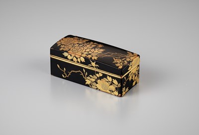 Lot 111 - A LACQUER BOX AND COVER WITH PEONIES AND BUTTERFLIES