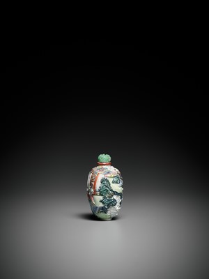 Lot 54 - AN IMPERIAL MOLDED AND ENAMELED PORCELAIN SNUFF BOTTLE, JIAQING MARK AND PERIOD