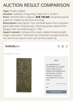 Lot 59 - AN IMPERIAL ‘YUNLONG’ BOOK COVER, INSCRIBED BY EMPEROR QIANLONG, CARVED SPINACH-GREEN JADE, DATED BINGYIN YEAR, 1746