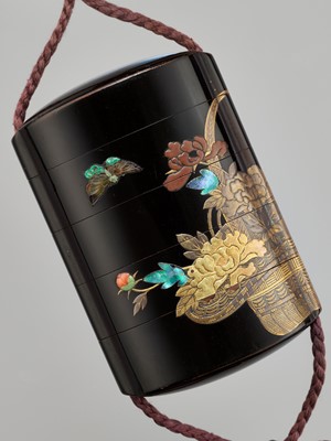 Lot 190 - A FINE FOUR-CASE ROIRO LACQUER INRO WITH DRAGONFLY AND SPRING FLOWER BASKET