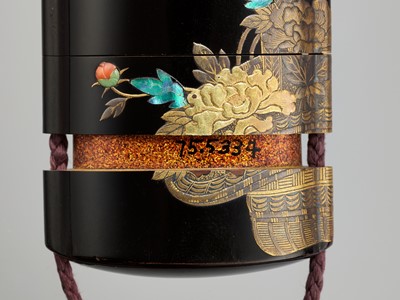 Lot 190 - A FINE FOUR-CASE ROIRO LACQUER INRO WITH DRAGONFLY AND SPRING FLOWER BASKET