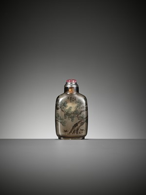 Lot 71 - AN INSIDE-PAINTED ‘HAWK AND MOON’ SMOKY CRYSTAL SNUFF BOTTLE, BY YE ZHONGSAN, DATED 1935