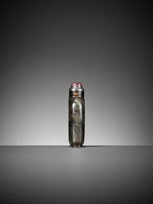 Lot 234 - AN INSIDE-PAINTED ‘HAWK AND MOON’ SMOKY CRYSTAL SNUFF BOTTLE, BY YE ZHONGSAN, DATED 1935