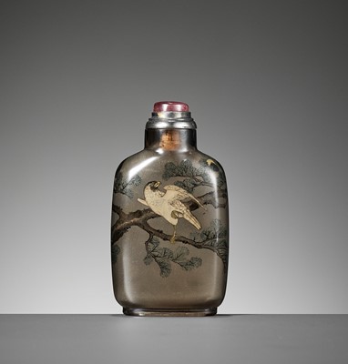 Lot 71 - AN INSIDE-PAINTED ‘HAWK AND MOON’ SMOKY CRYSTAL SNUFF BOTTLE, BY YE ZHONGSAN, DATED 1935