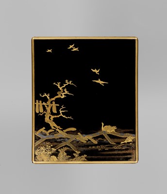 Lot 132 - KOMA KORYU: A LACQUER SUZURIBAKO DEPICTING GEESE, RICE DRYING, AND SNOW