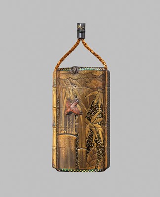 Lot 179 - KOMA KORYU: A SUPERB AND VERY RARE LACQUER FOUR-CASE INRO WITH LURKING SNAKE, SPARROW AND SNOWY BAMBOO