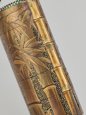 Lot 179 - KOMA KORYU: A SUPERB AND VERY RARE LACQUER FOUR-CASE INRO WITH LURKING SNAKE, SPARROW AND SNOWY BAMBOO