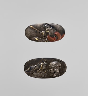 Lot 1351 - A PAIR OF FINE KANAMONO (POUCH FITTINGS) DEPICTING OKAME AND A NIO SCULPTOR