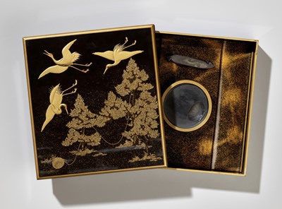 Lot 1031 - A LACQUER SUZURIBAKO AND COVER WITH CRANES