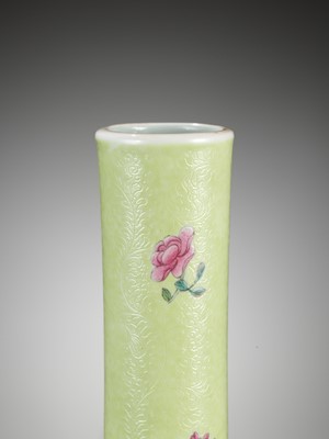 Lot 85 - A MAGNIFICENT FAMILLE ROSE SGRAFFIATO LIME-GREEN BOTTLE VASE, QIANLONG MARK AND PROBABLY LATE IN THE PERIOD
