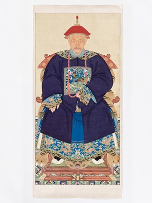 Lot 197 - A SPECTACULAR PORTRAIT OF A SECOND-RANK CIVIL OFFICIAL, IMPERIAL SCHOOL, YONGZHENG, PRE-1730