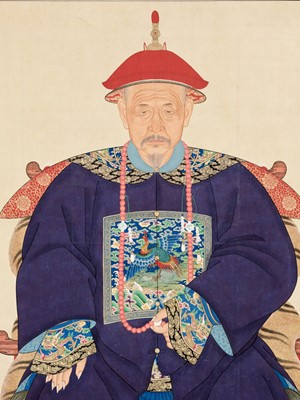 Lot 197 - A SPECTACULAR PORTRAIT OF A SECOND-RANK CIVIL OFFICIAL, IMPERIAL SCHOOL, YONGZHENG, PRE-1730