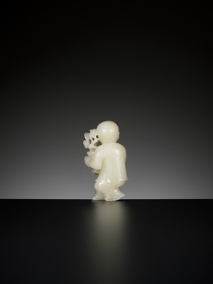 Lot 341 - A PALE CELADON JADE FIGURE OF A BOY WITH A LINGZHI VASE, 18TH CENTURY