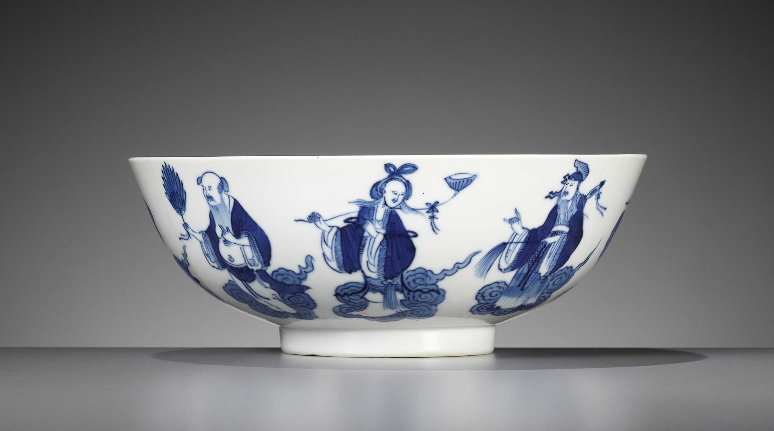Lot 85 - A BLUE AND WHITE ‘EIGHT IMMORTALS’ BOWL, 18TH CENTURY
