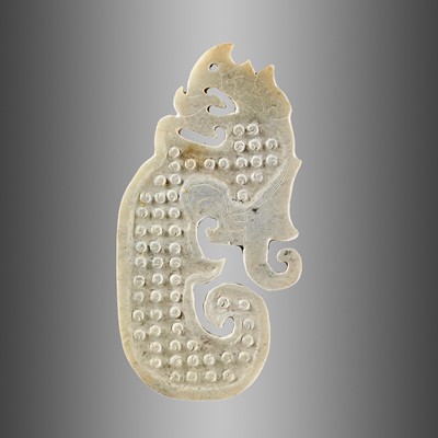 Lot 1843 - AN ARCHAISTIC CELADON JADE ‘DRAGON’ ORNAMENT