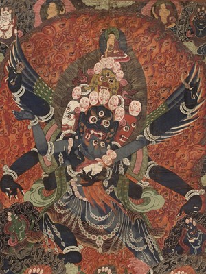 Lot 188 - A VERY LARGE THANGKA OF A HERUKA AND CONSORT, TIBET, 18TH-19TH CENTURY