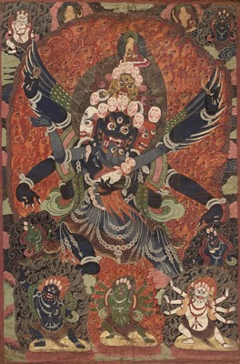 Lot 189 - A VERY LARGE THANGKA OF A HERUKA AND CONSORT, TIBET, 18TH-19TH CENTURY